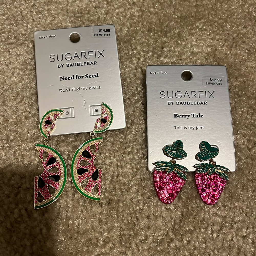 Sugarfix by Baublebar Need For Seed Watermelon Earrings and strawberry earrings.
